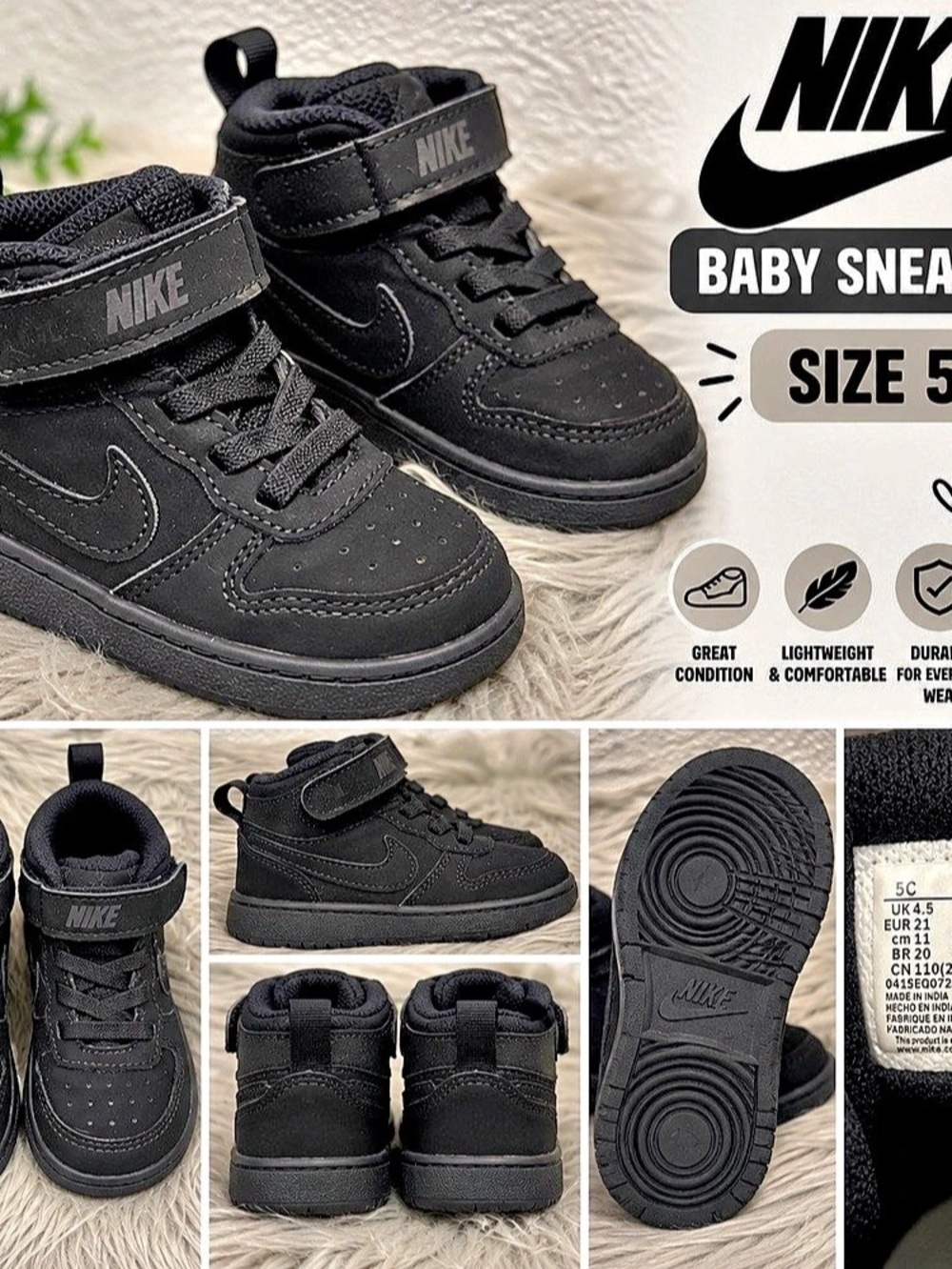 Nike Court Borough Low 2 Baby US 5C Black Like New